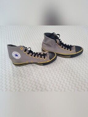 Converse Gray Canvas High-Top Sneakers with Yellow Trim